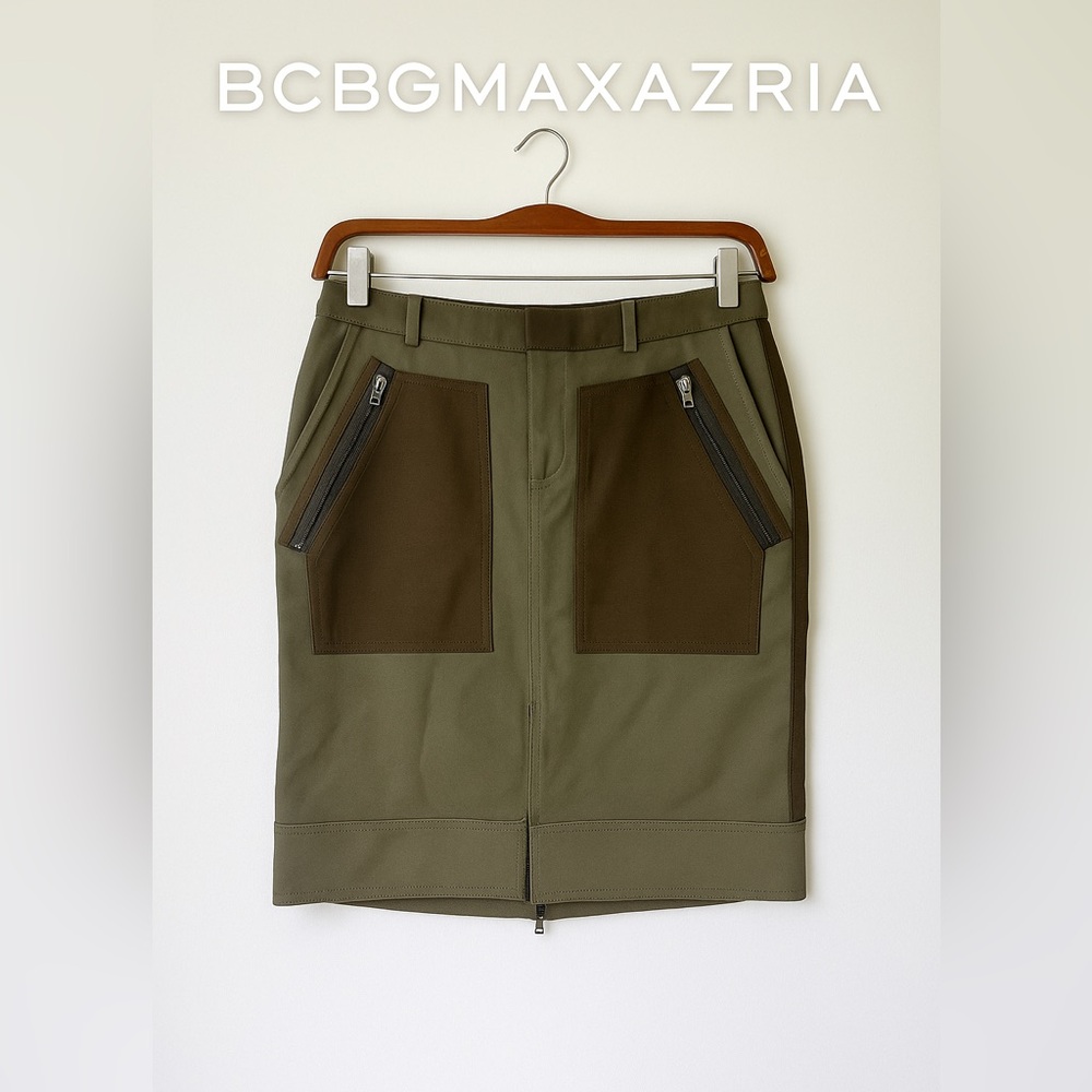 BCBGMAXAZRIA Women’s Utility Pencil Skirt Green Brown Contrast Pockets Zipper 4